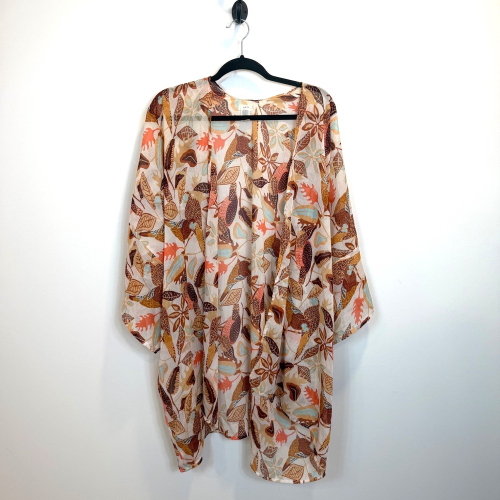 Aerie Bird and Leaf Print‎ Sheer Kimono Cardigan One Size OS Brown Orange Teal